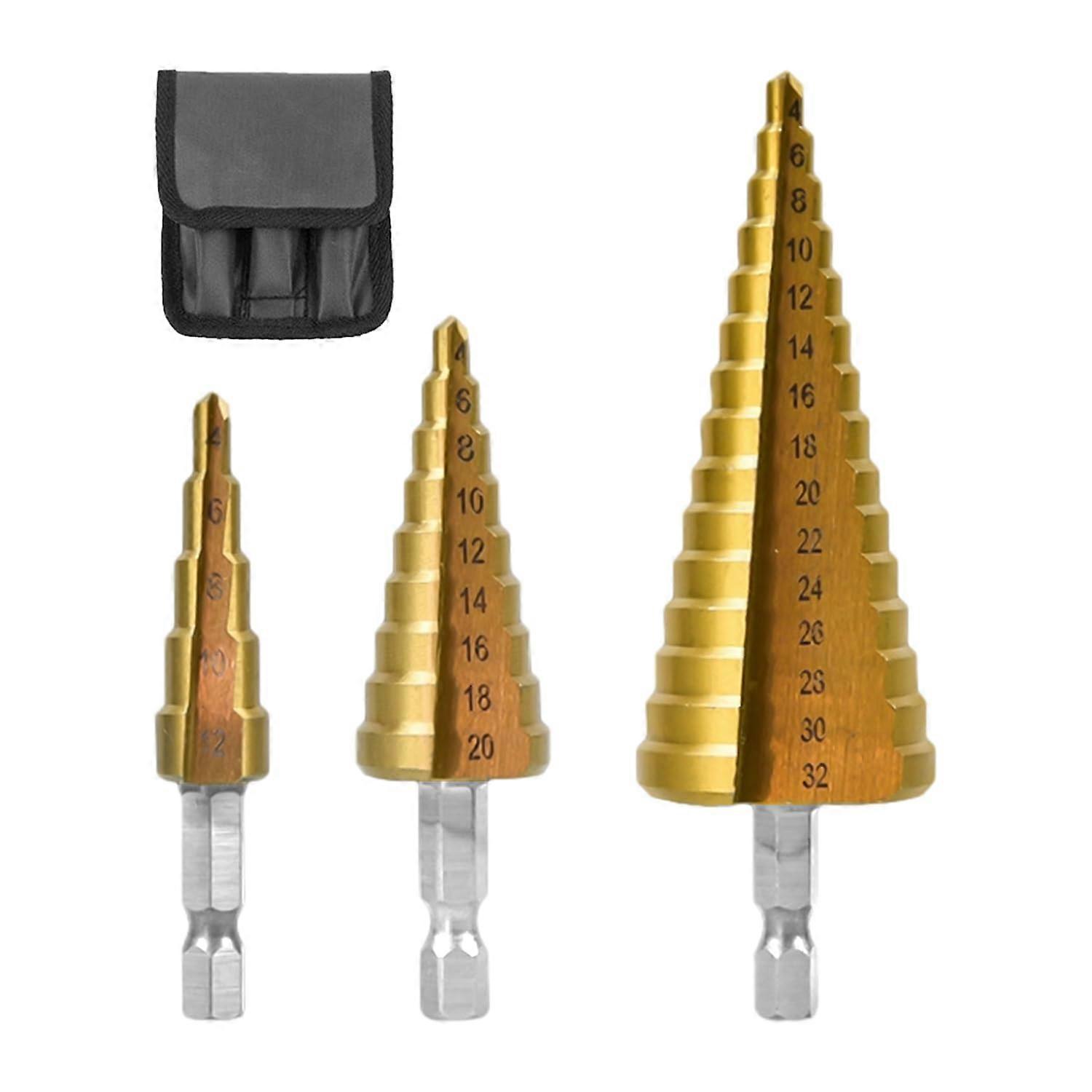 3 Pieces Triangle Metal Step Drill Bit Set With Black Nylon Bag, Gold, Portable Cutting Tool
