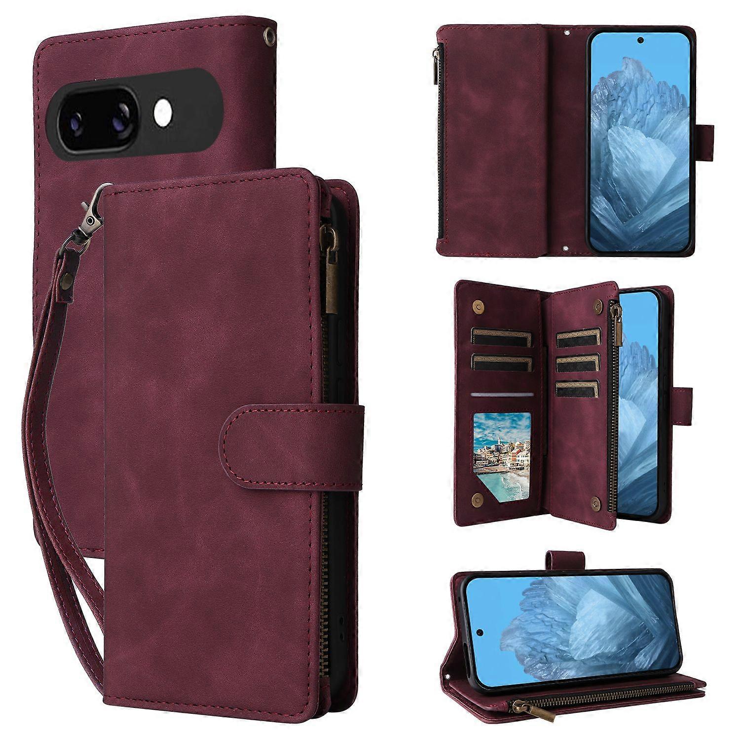 For Google Pixel 9a Case Zipper Wallet Multiple Card Slots Leather Phone Cover - Wine Red