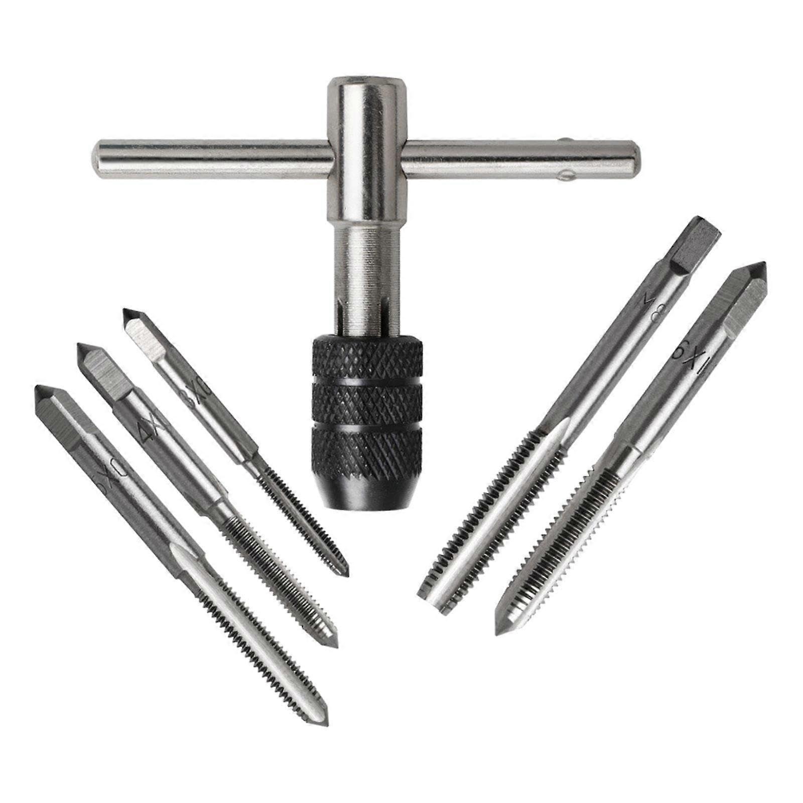 Tap Wrench Set 6Piece With Durable Construction And Metric M3M8 Taps And Drill Bit For Internal Thread Cutting