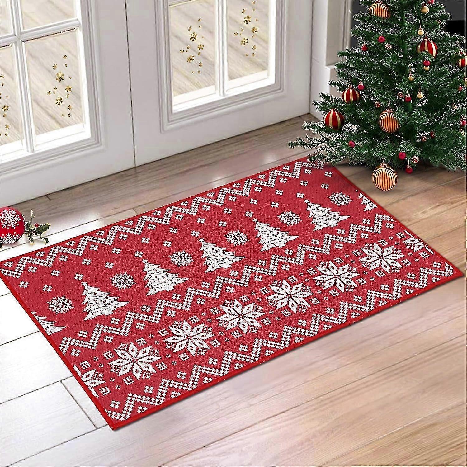Christmas Doormat Xmas Holiday Red Christmas Tree & Snowflake Welcome Mat for Home Decoration 40x60cm (Red)
