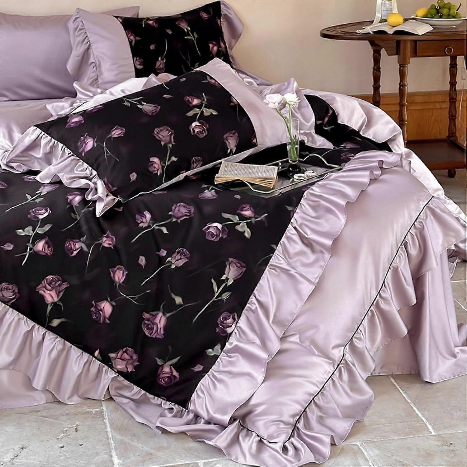 Duvet Cover Set Queen Size 4Piece Boho Style Vintage Rural Flower Bedding Soft Breathable All Season Purple