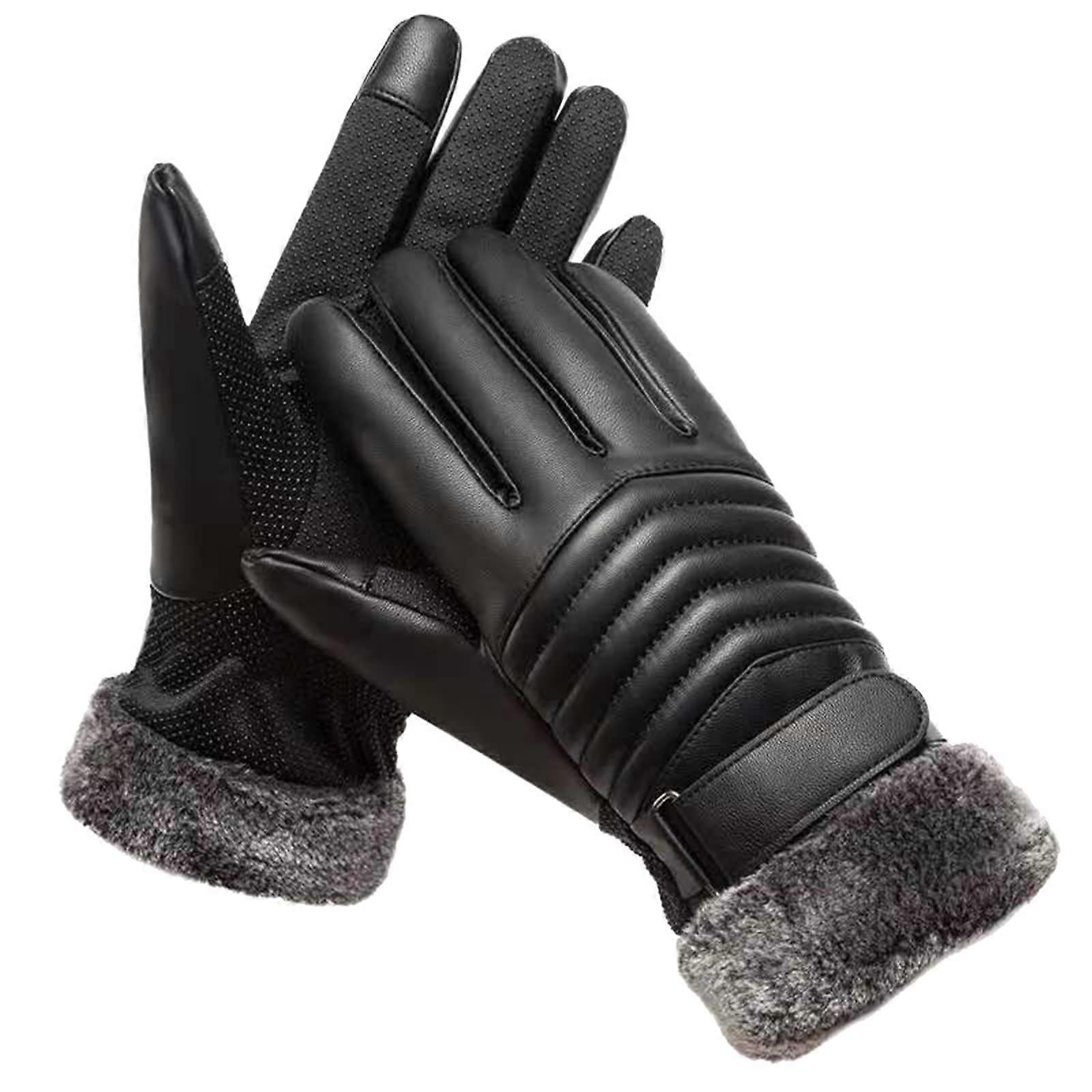 Winter Snow Gloves Men Women Plush Warm Leather Ski Riding Gloves Black One Size Windproof Outdoor Cold Proof