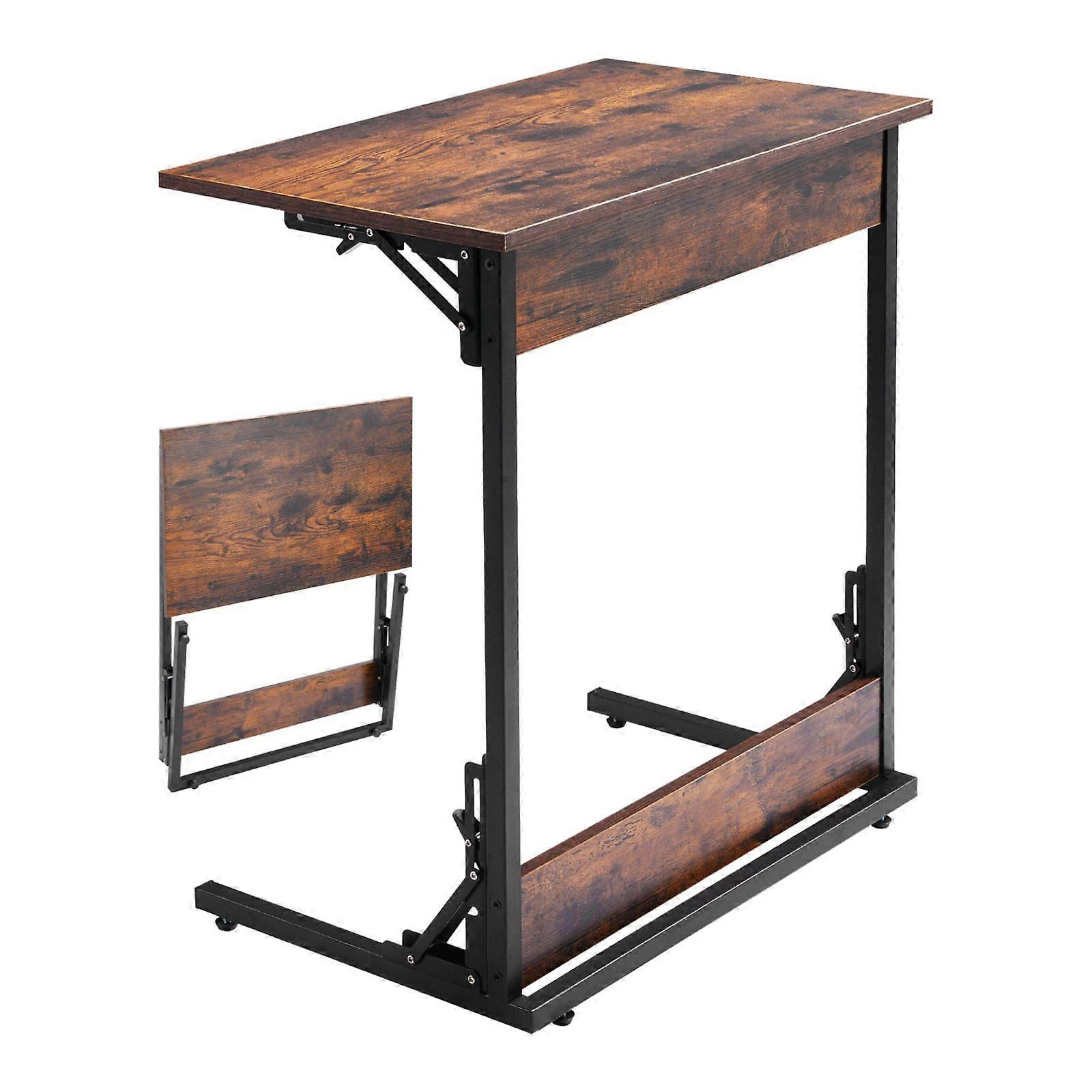 C Table, Folding C Shaped Table with Metal Frame & Adjustable Feet, 23.62 x 14.57 x 27.56 inch C Shaped TV Tray, Brown+Black
