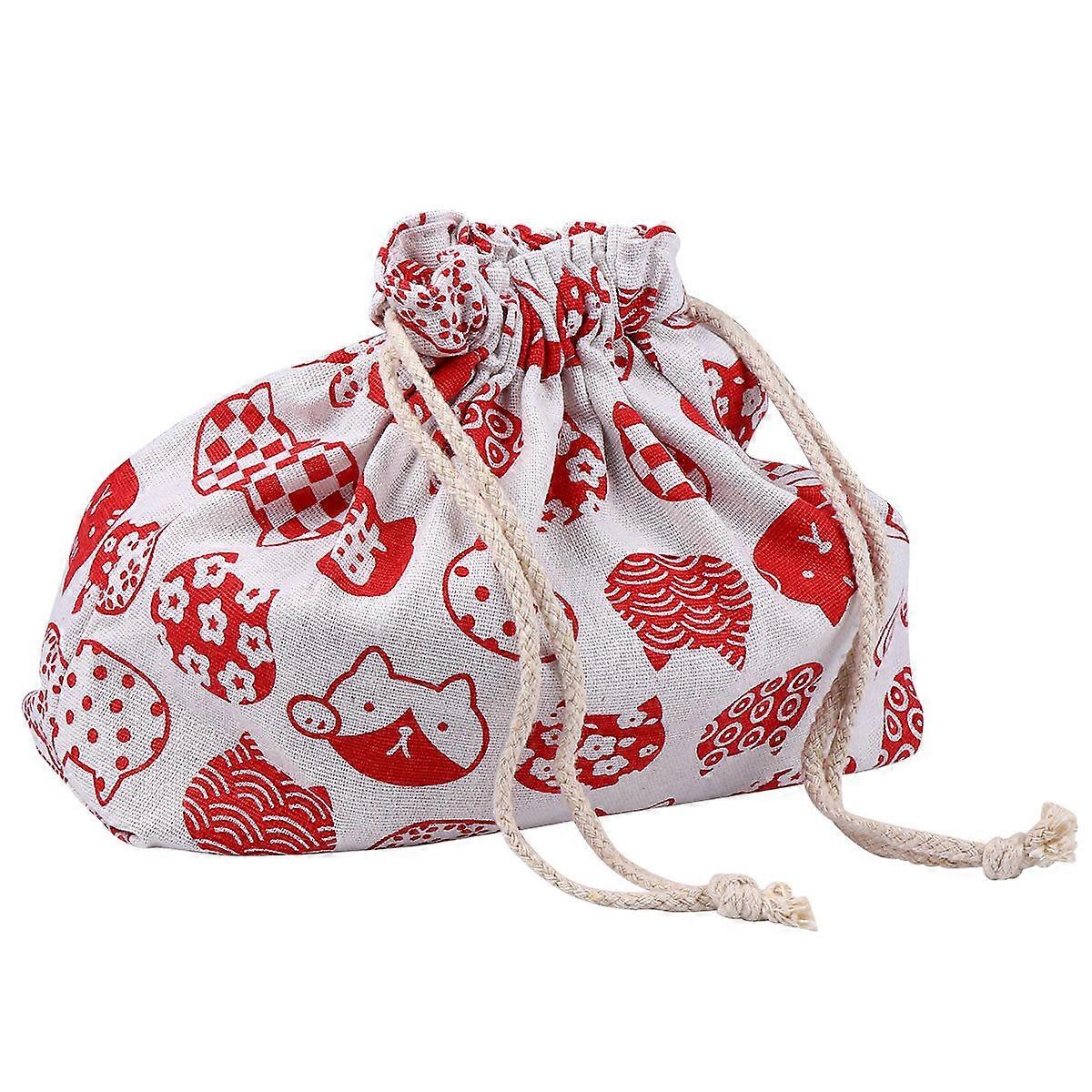 Drawstring Bento Bag Japanese Style Double-Layer Thickened Insulated Red 1Pack