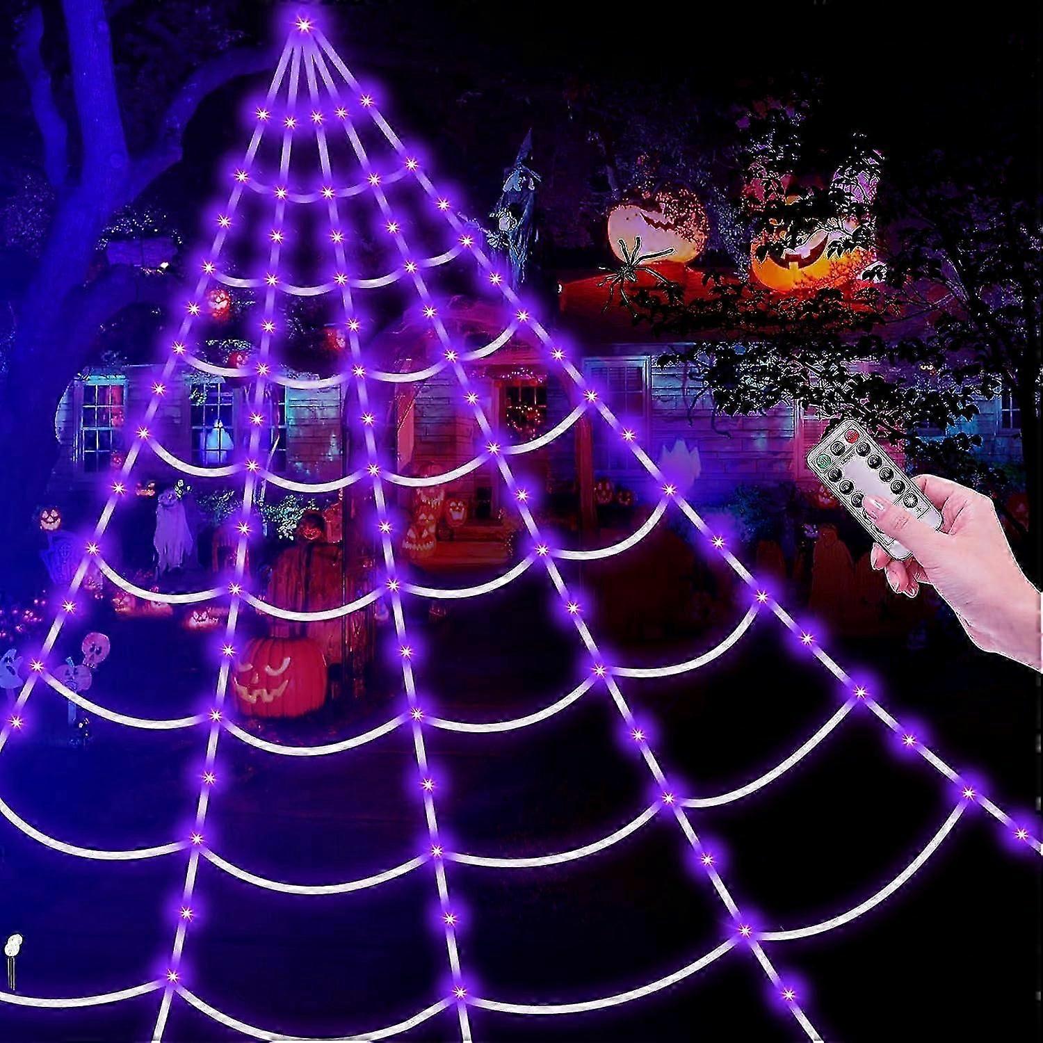 Brighter Spider Webs Halloween Decorations Lights,2023 Upgrade 250 Purple LED Light Up,8 Modes 16.4Ft Giant Spiderweb with Remote Control,Halloween De