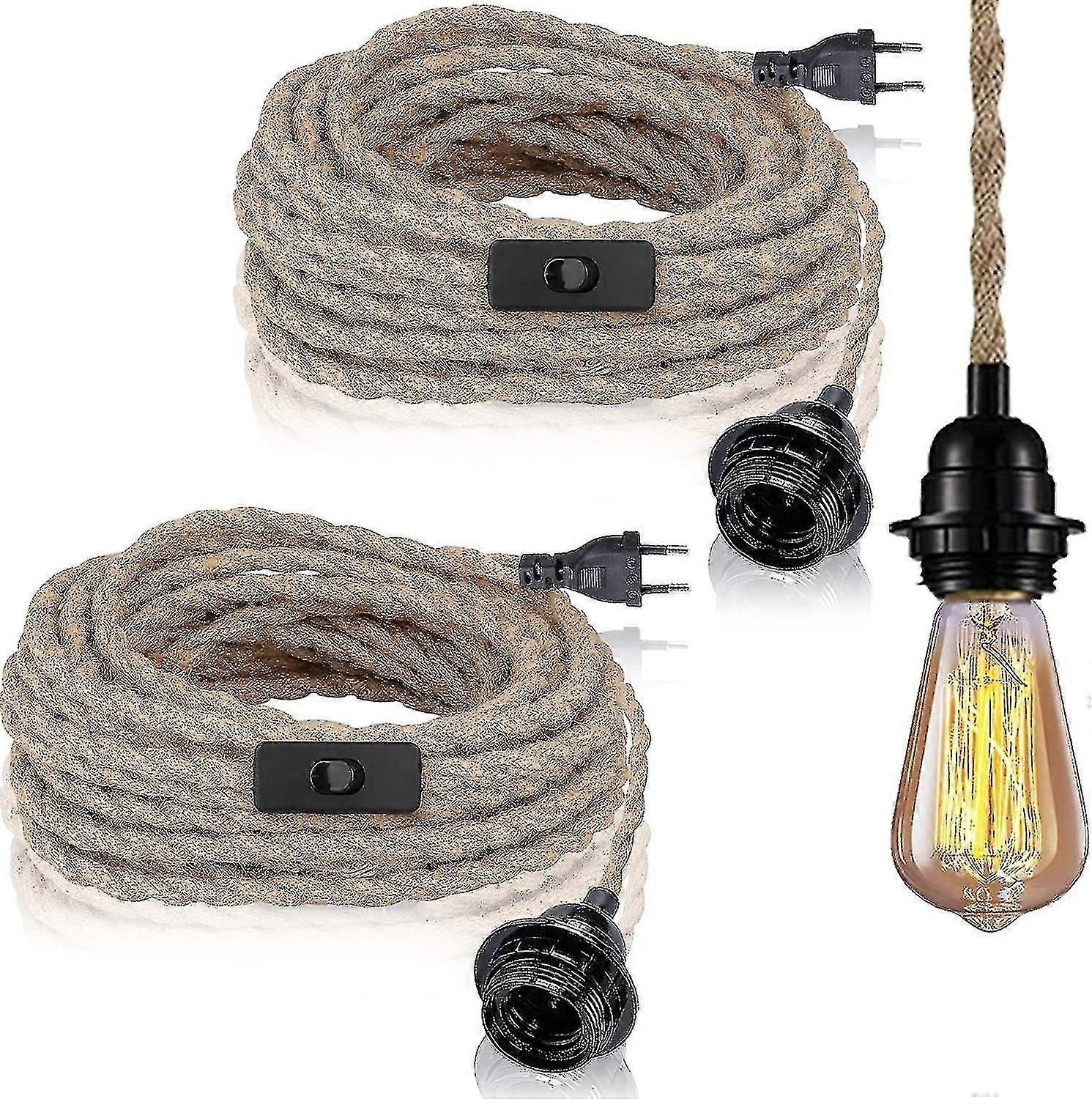 2 Pack Pendant Lights With Switch, Hemp Rope With 4.5m Cable, E27 Socket For Hall, Kitchen, Dining Table, Bar (without Bulb)-jinmu3