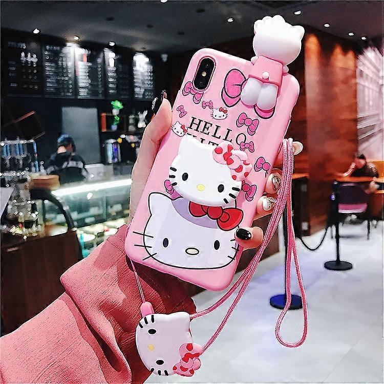 3D Cute Hello Kitty Bracket With Lanyard Phone Case For iPhone 16 15 14 13 12 Mini 11 Pro Max XS X XR 7 8 Plus Shockproof Cover