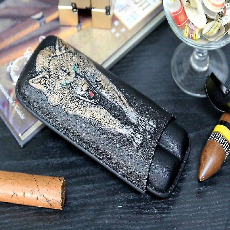 Sigarkuttere Punches Lær Ulvehode Mønster Sigarpose Holder 2 Sigarer Reiser Bærbar Sigar Oppbevaringspose Tilbehør