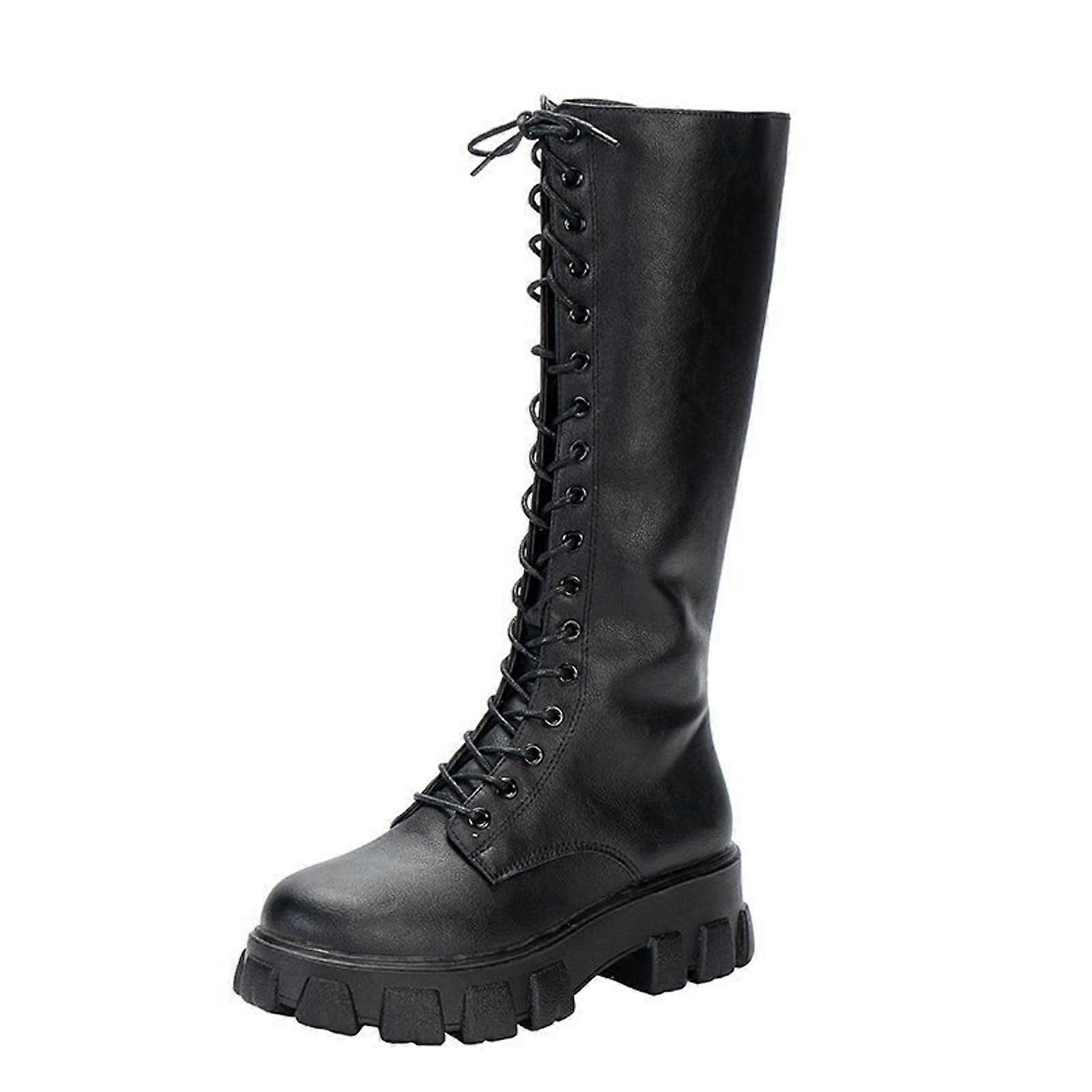 Fashion British Womens Solid Lace Up Side Zip Boots Platform Black UK 10 Lined