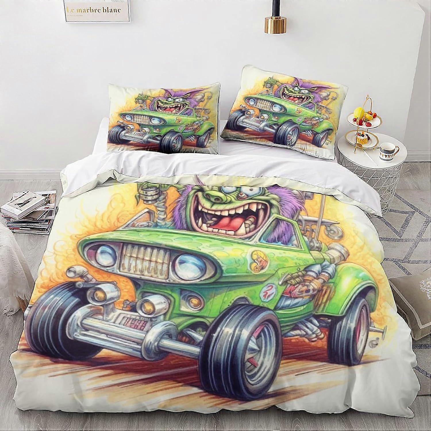 LikeEj الوحش غطاء لحاف 3D خمر سيارة مطبوعة الفراش لحاف الكرتون غطاء لحاف مع سحاب إغلاق لينة ستوكات الملك