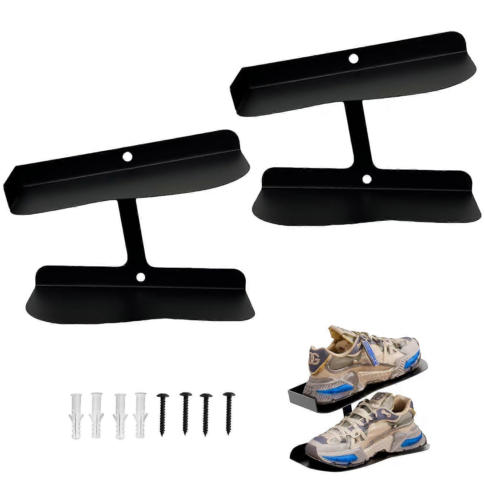 Floating Shoe Rack Wall Mounted Sneaker Display Shelf, Metal Hanging Organizer for Shoe Collection, Black, Set of 2