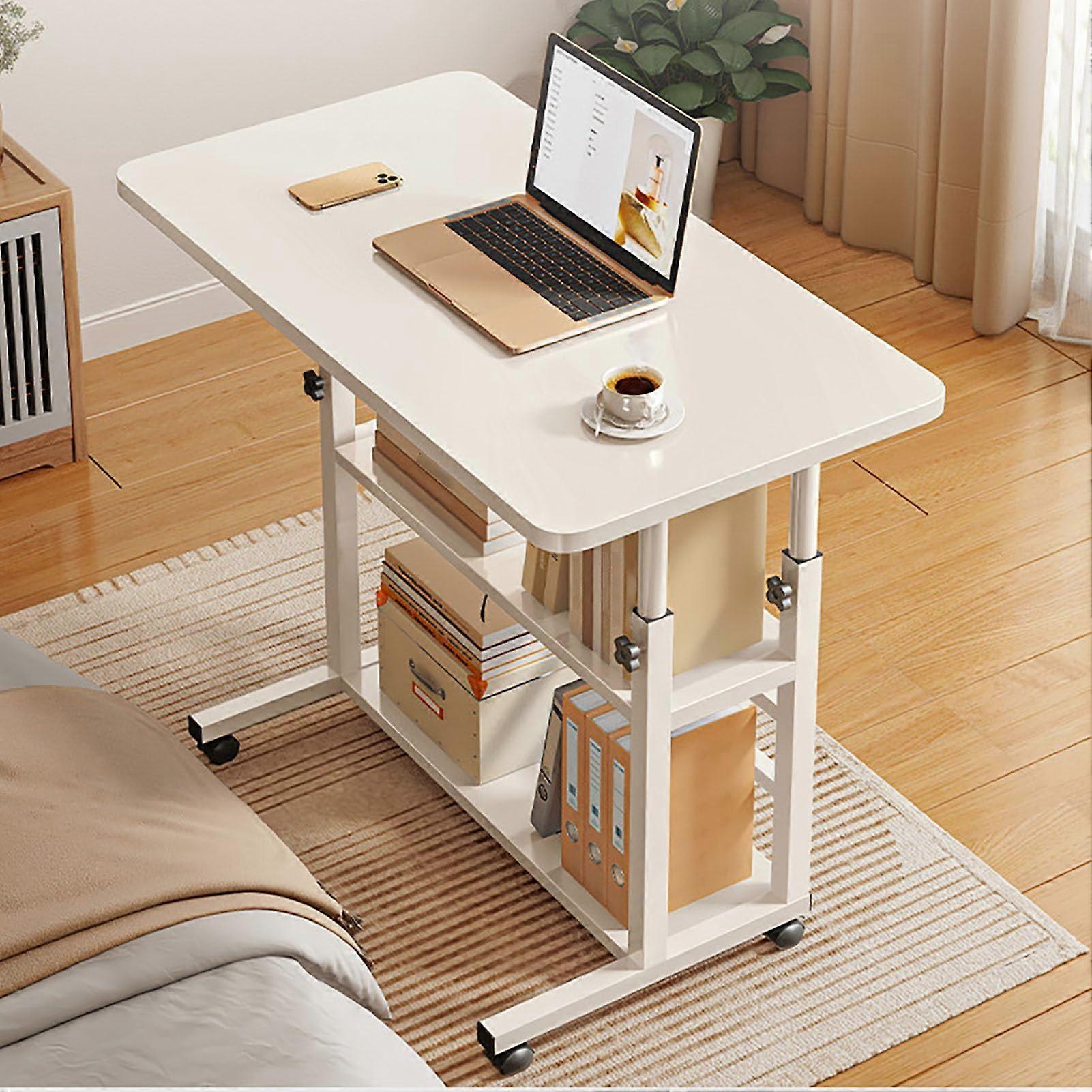 C Shaped Sofa Side Table with Wheels, Adjustable Rolling Coffee Snack Desk, Wooden  Metal Frame, White 80x37x90cm