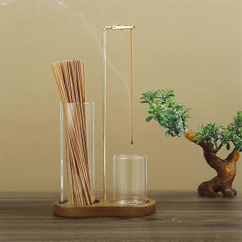 2 in 1 Incense & Candle Holder, 1 Count Wooden Base Aromatherapy Diffuser Incense Burner with Removable Glass Ash Collector, Woody Home Deco