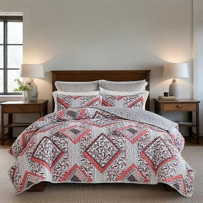Boho Patchwork Quilt Queen Size Set with Pillow Shams, Reversible Farmhouse Microfiber Bedspread