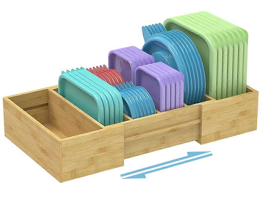 Bamboo Kitchen Organizer for Lids with Expandable Width and Adjustable Dividers for Cabinet Storage