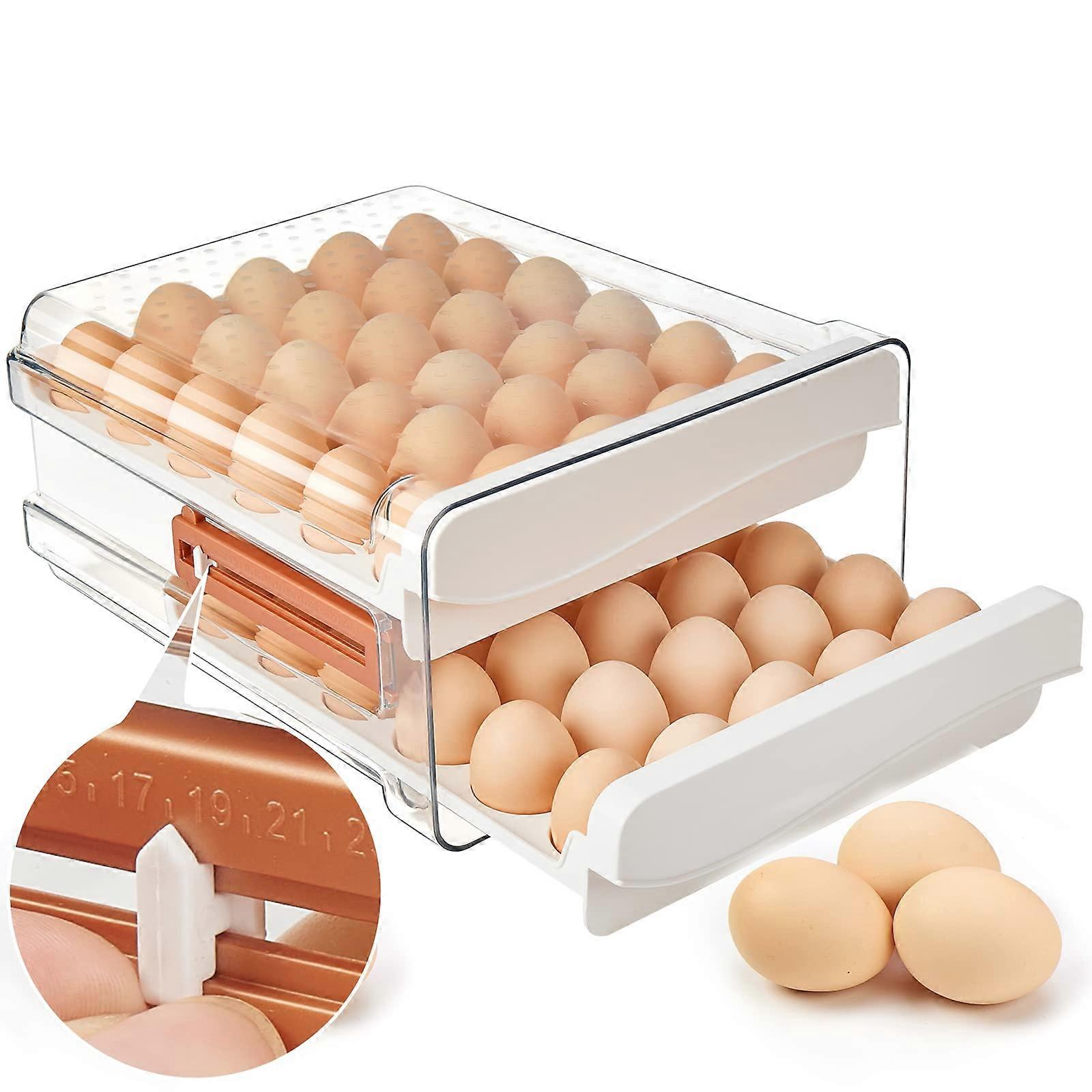 Egg Storage Container 60 Egg Holder for Refrigerator, Stackable TwoLayer Organizer with Timer
