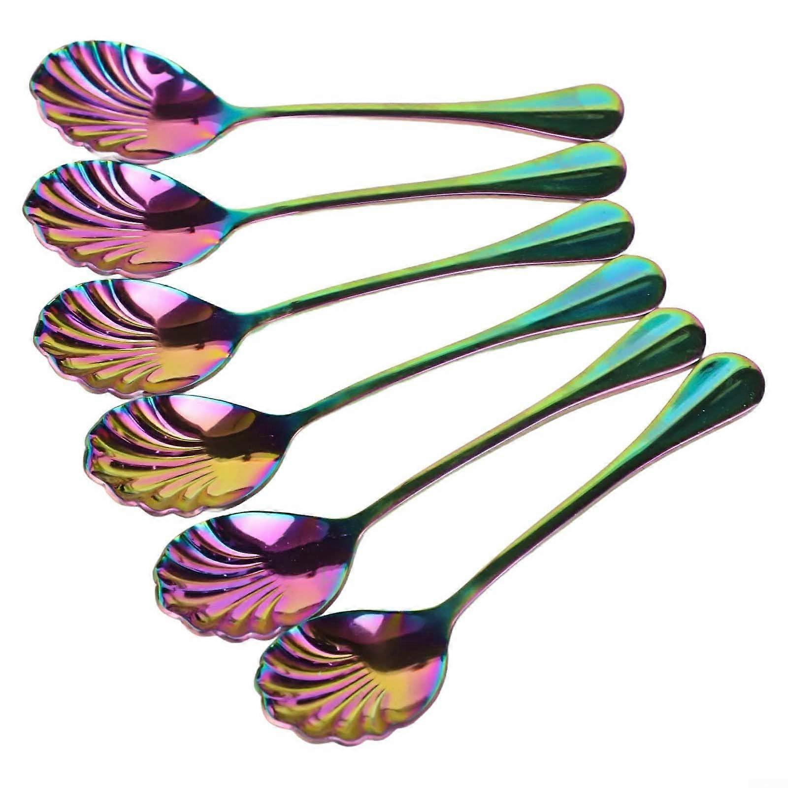 Stainless Steel Dessert Spoon Set with Elegant Shell Design, Long Handle, Mirror Polished, 6Pack