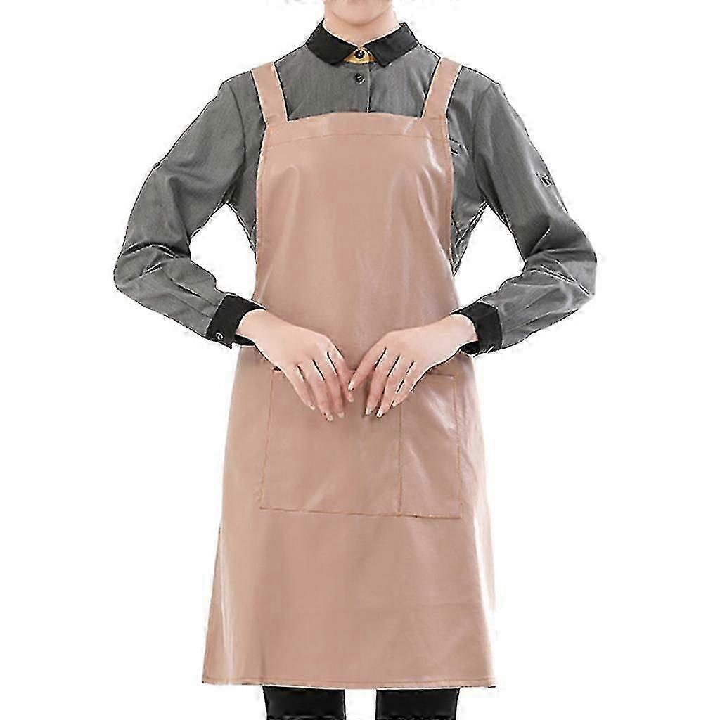 Faux Leather Waterproof Work Apron with Pocket Solid Color Kitchen Oil Proof Bib
