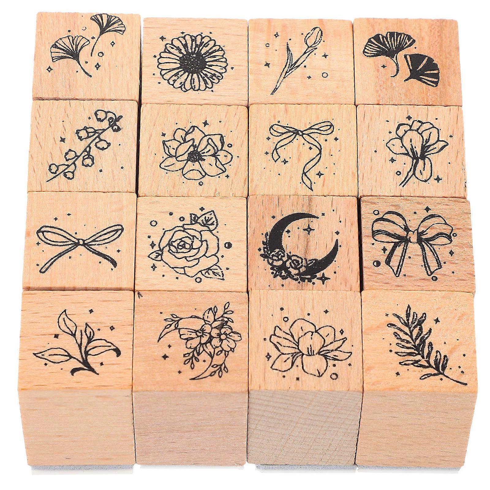 Journal DIY Stamp Set 16Pcs Rectangular Shape For Children Crafting Chocolate Wood Material