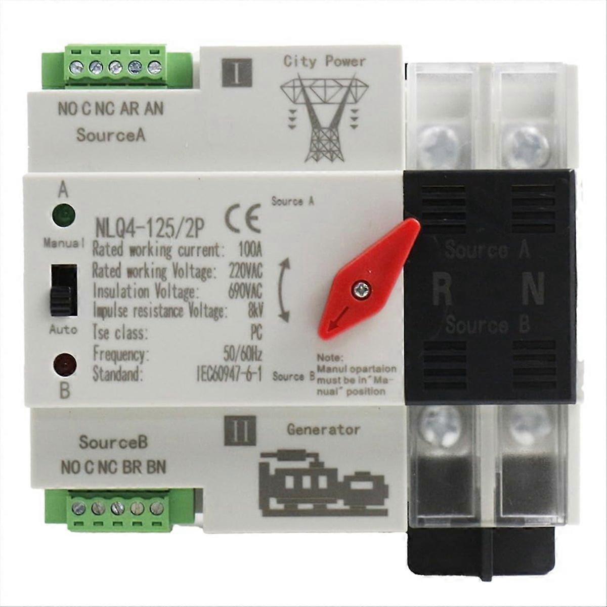 Automatic Transfer Switch 2P 100A Din Rail Mount Dual Power Switch