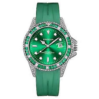 Green Dial Diamond Bezel Automatic Watch with Date Window and Silicone Strap
