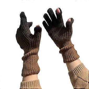 1 Pair Womens Winter Thermal Gloves Smartphones Texting Gloves Stretch Knitted Warm Mitten 2 Finger Touch Screens Gloves Coffee color