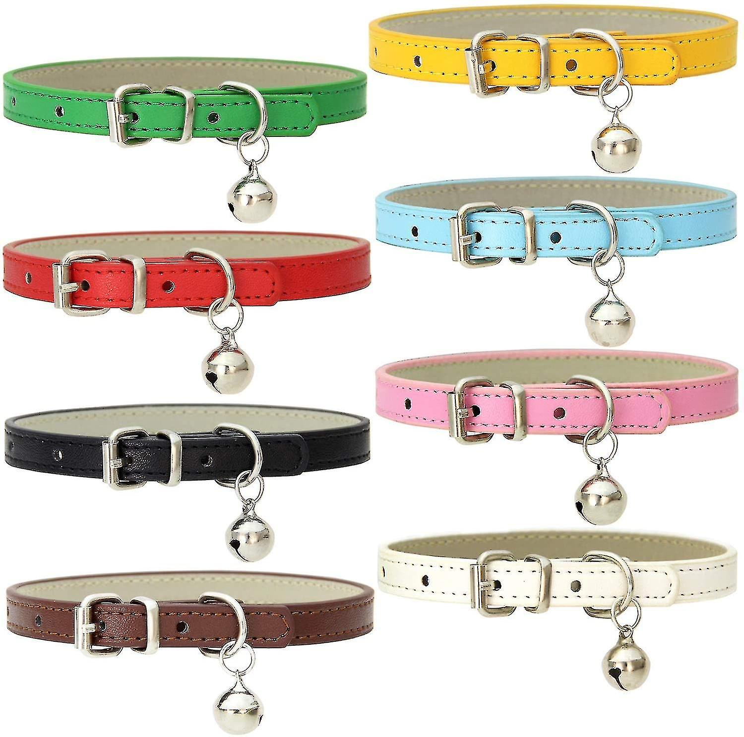 8 Pack Leather Cat Collars With Bells And Adjustable Polished Metal Buckles Durable And Handmade