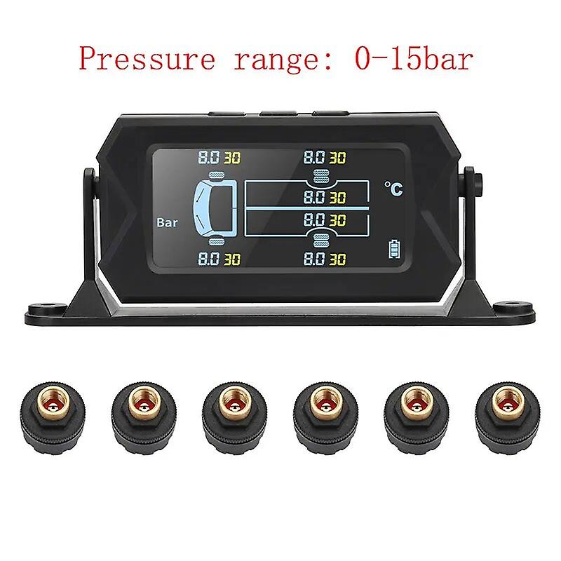New Car Wireless Tire Pressure Monitor 6 External Tpms Sensor 15bar Temperature Alarm System Lcd Usb Solar Truck Dedicated