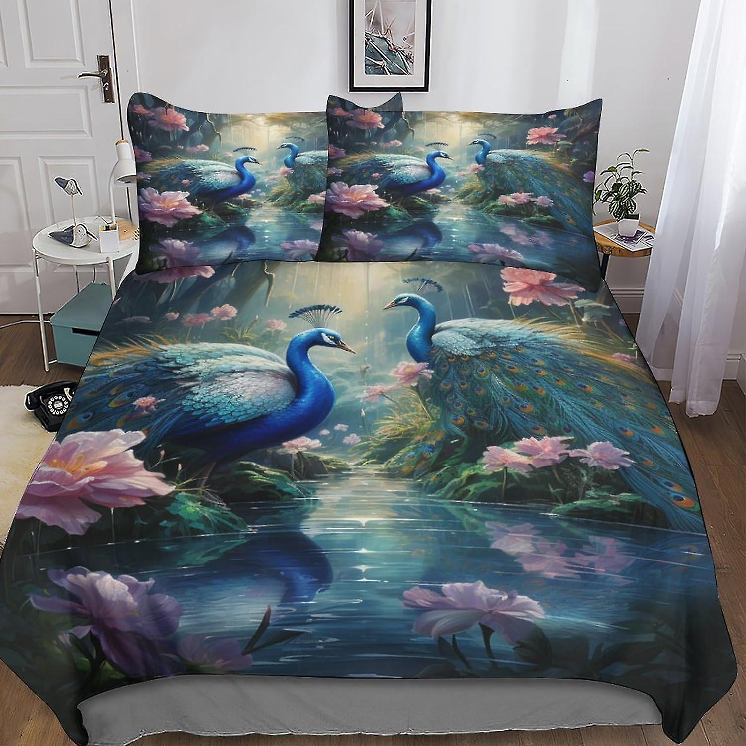Peacocks Stylish Quilt Cover Set with Hidden Zipper Closure - Trendy Microfiber Animal Bedding with 3D Print, 3-Piece Set with Pillowcases, Ideal for 