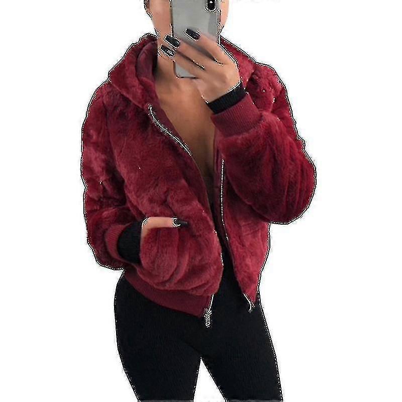 Mulheres Encapuzadas Fleece Fluffy Jaqueta com Capuz de Pele Falsa