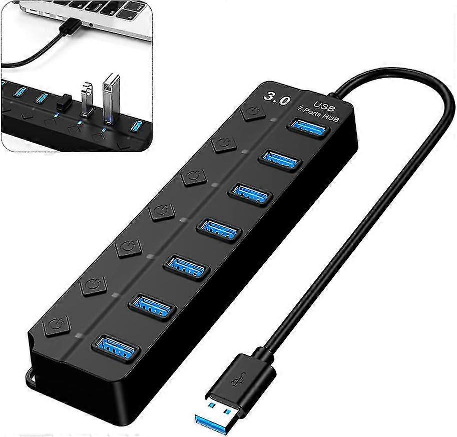 USB 3.0 Hub, Multi 7 Port USB Power Strip with Independent Switch, Powered USB 3.0 Hub, Multiple USB Port for PC, Laptop, MacBook, Mac Pro, Mac Mini