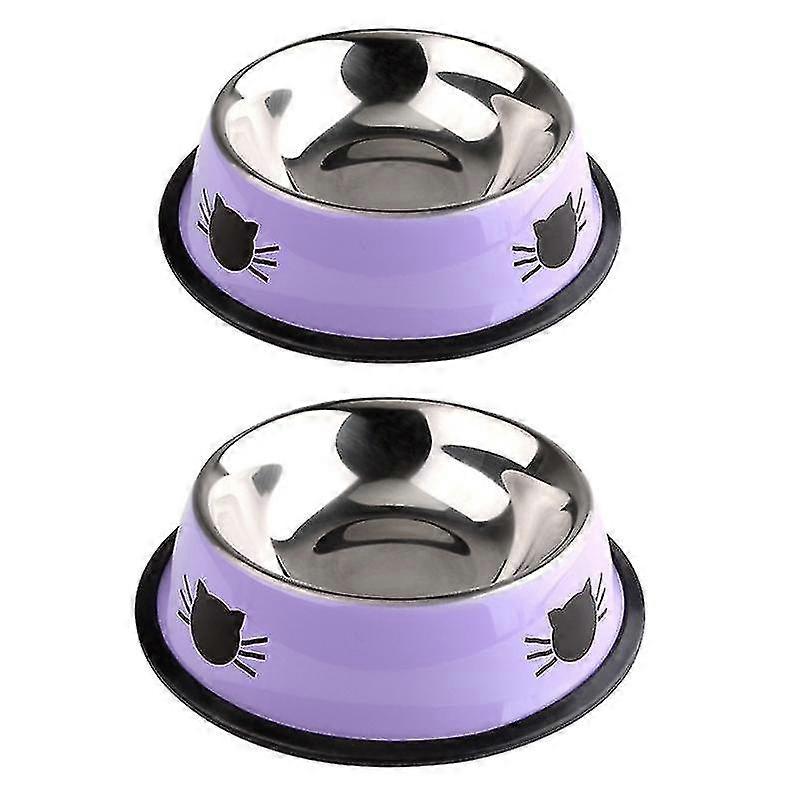 Pet Dry Or Wet Food Dish Feeder With Cute Pattern For Small Kitten BowlsPurple2pcs