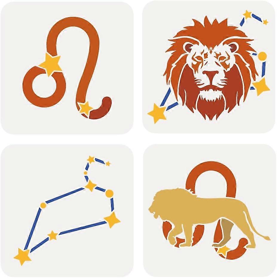 4 Pcs Leo Zodiac Sign Painting Stencil 7.8x7.8inch Reusable Leonis Constellation Pattern Drawing Template DIY Lion Head Decoration Stencil for Paintin