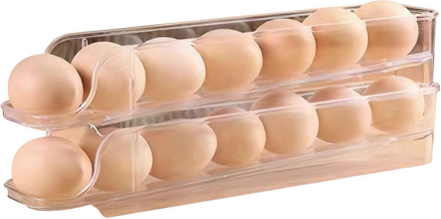 Egg Holder for Fridge 2 Tiers Egg Tray Stackable Egg Dispenser Holds 14 Eggs Automatic Rolling Clear Plastic Fridge Egg Organizers