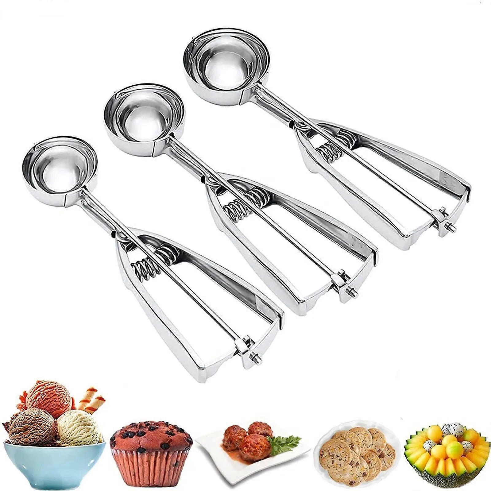 Ice Cream Cookie Scoop Set of 3  Melon Baller Scoop Anti-Freeze Handle Stainless Steel Scooper with Trigger  Spring Handle