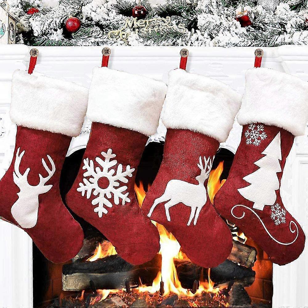 Dremisland Large Christmas Stocking Set of 4 46cm Red White Christmas stocking with plush reindeer Personalized hanging stocking
