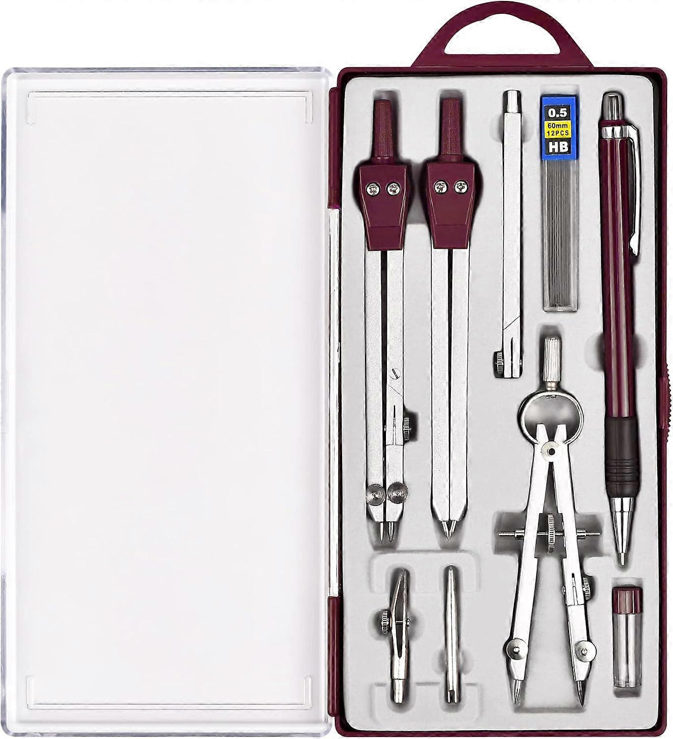 9Pcs Precision Geometry Set Metal Compass, Geometry Tool Tool Set with Shatterproof Storage Box, Circle Drafting Tool and Architecture (Brown)