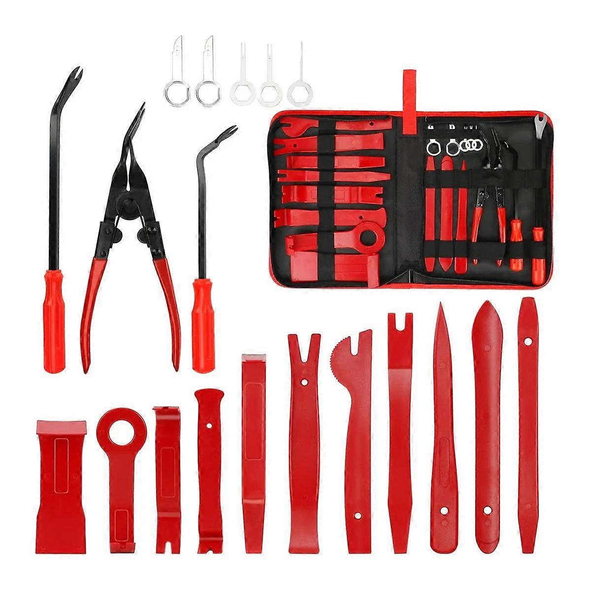 Red 19Pcs Car Trim Removal Tools Kit Auto Panel Dash Audio Radio Removal Installer Repair Pry Tools Kit Size 19