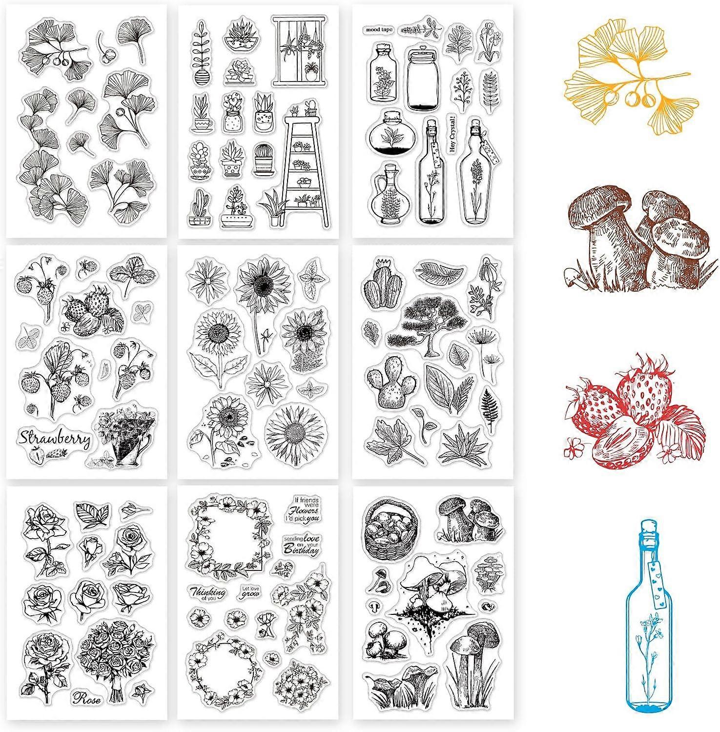 9 Sheets Silicone Clear Stamps Seal for Card Making Decoration and DIY Scrapbooking(Ginkgo Potted Wish Bottle Strawberry Sunflower Plant Rose Mushroom