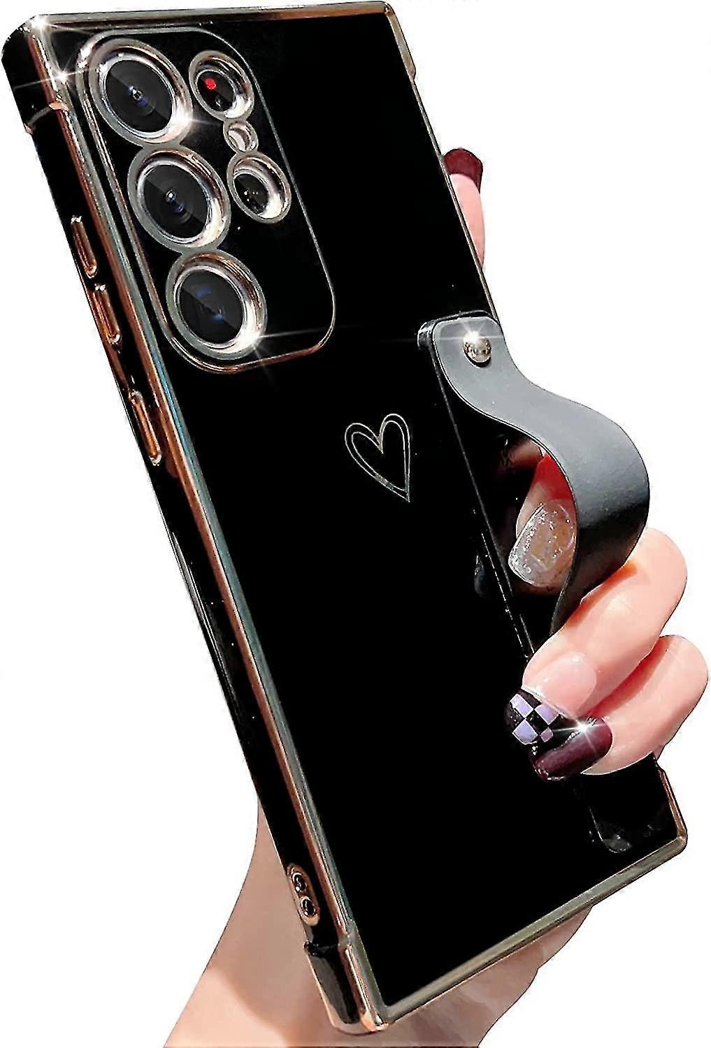 Cute Heart Pattern Tpu Plating Case Compatible With Galaxy S23 Ultra, With Adjustable Wrist Strap