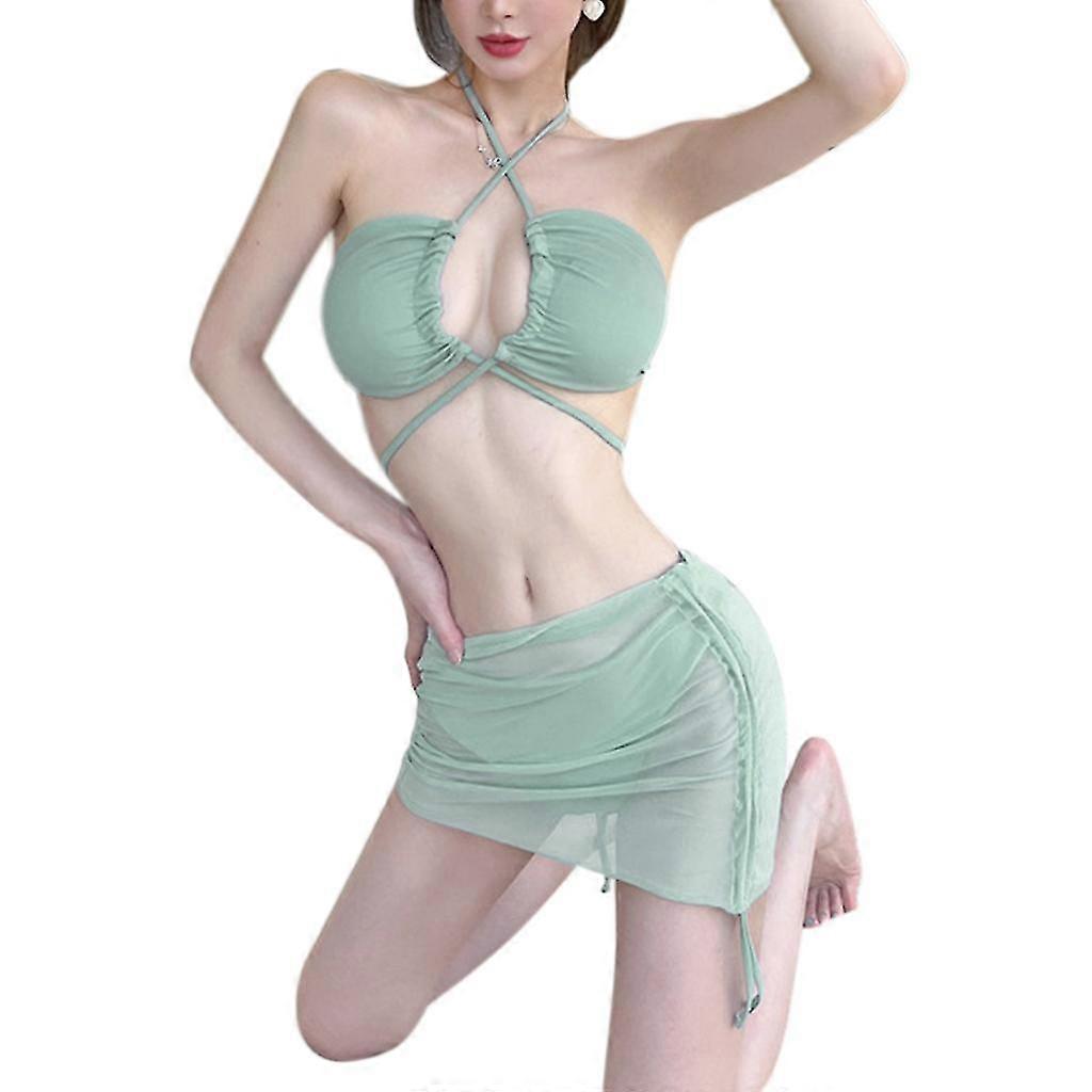 Women 3piece Padded Push Up Bikini Set Swimsuit And Sheer Cover Up Beach-skirt