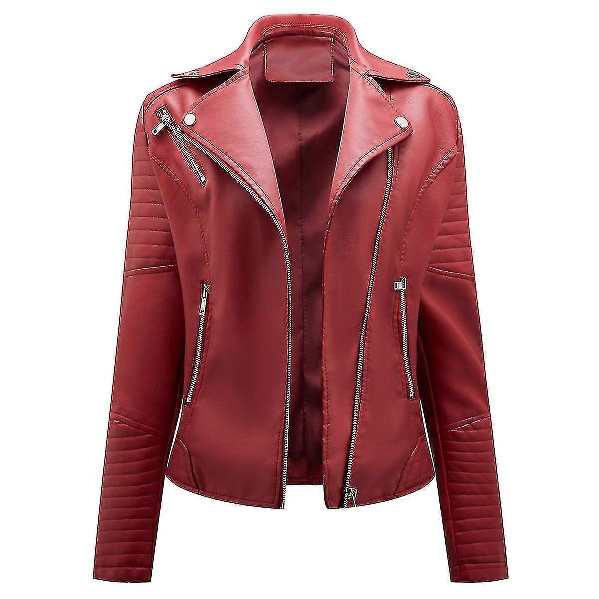 Naiwang Women's Solid Color Lapel Casual Cropped Slim Leather Jacket