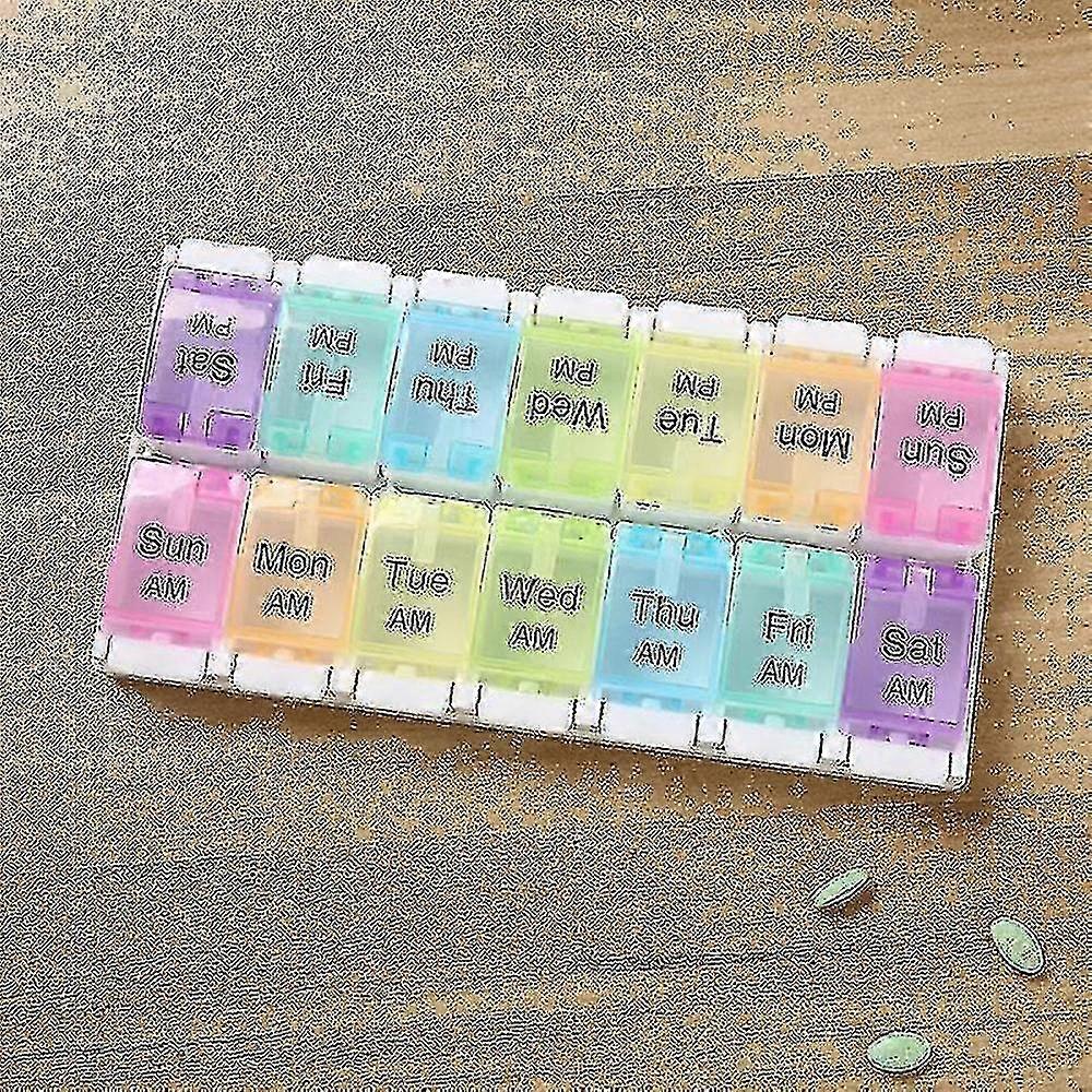 Extra Large Pill Organizer 2 Rows 14 Grids Weekly Pill Box Medicine Tablet Dispenser Portable Pill Storage Case Rainbow Pill Container LPX