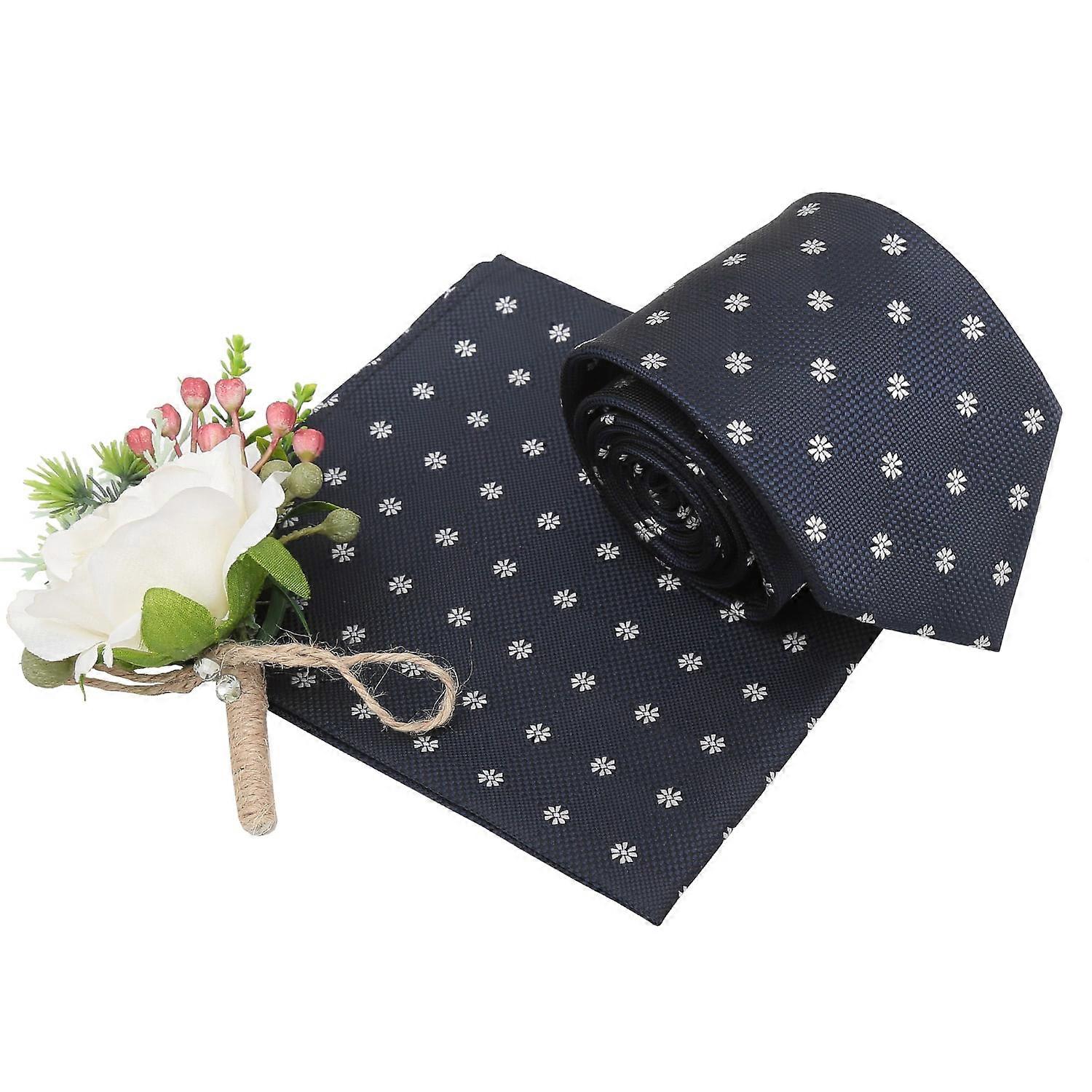 Navy Blue Floral Daisy Tie and Pocket Square Set