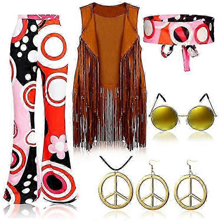 70s Hippie Party Retro Costume Tassel Vest+pants+scarf Suit Newway