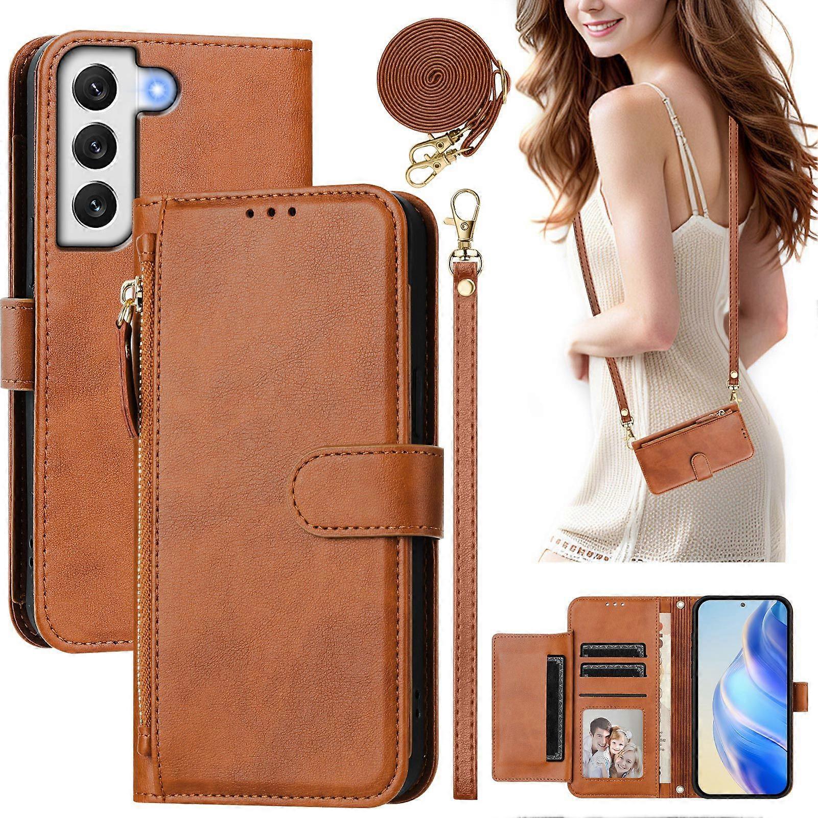 Flip Case for Samsung Galaxy S22 Plus Protection Soft PU Leather Zipper Wallet Cover with Card Holder and Long Strap