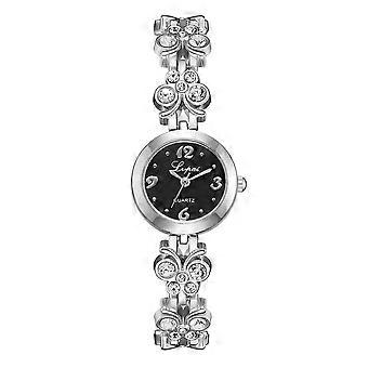 Montre Femme Alliage Bracelet Strass Cadran Rond Quartz Montre-bracelet Analogique (Argent Noir