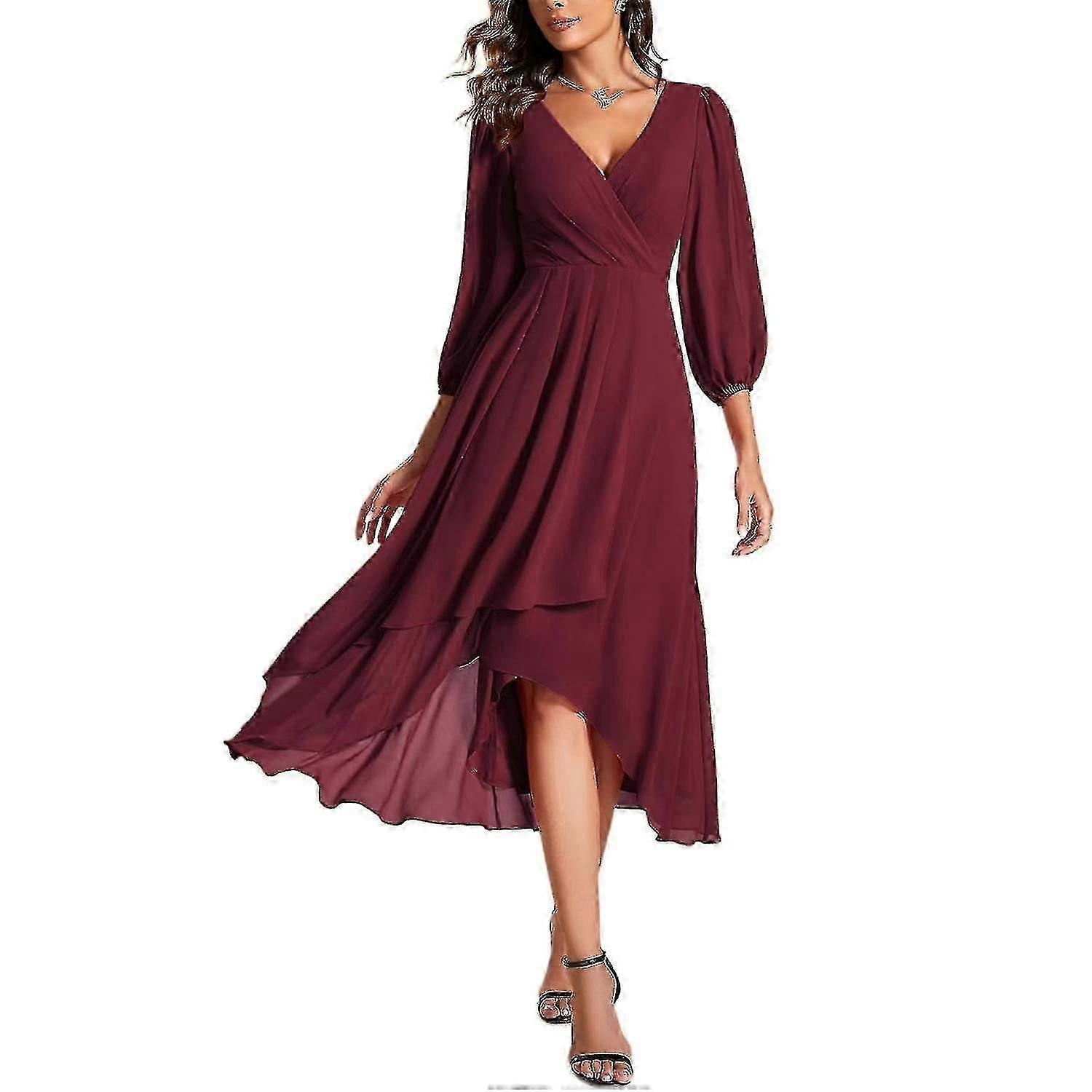 Manches col V Femme Plissé Trapèze Longueur Midi Invité de mariage 3XL Rouge