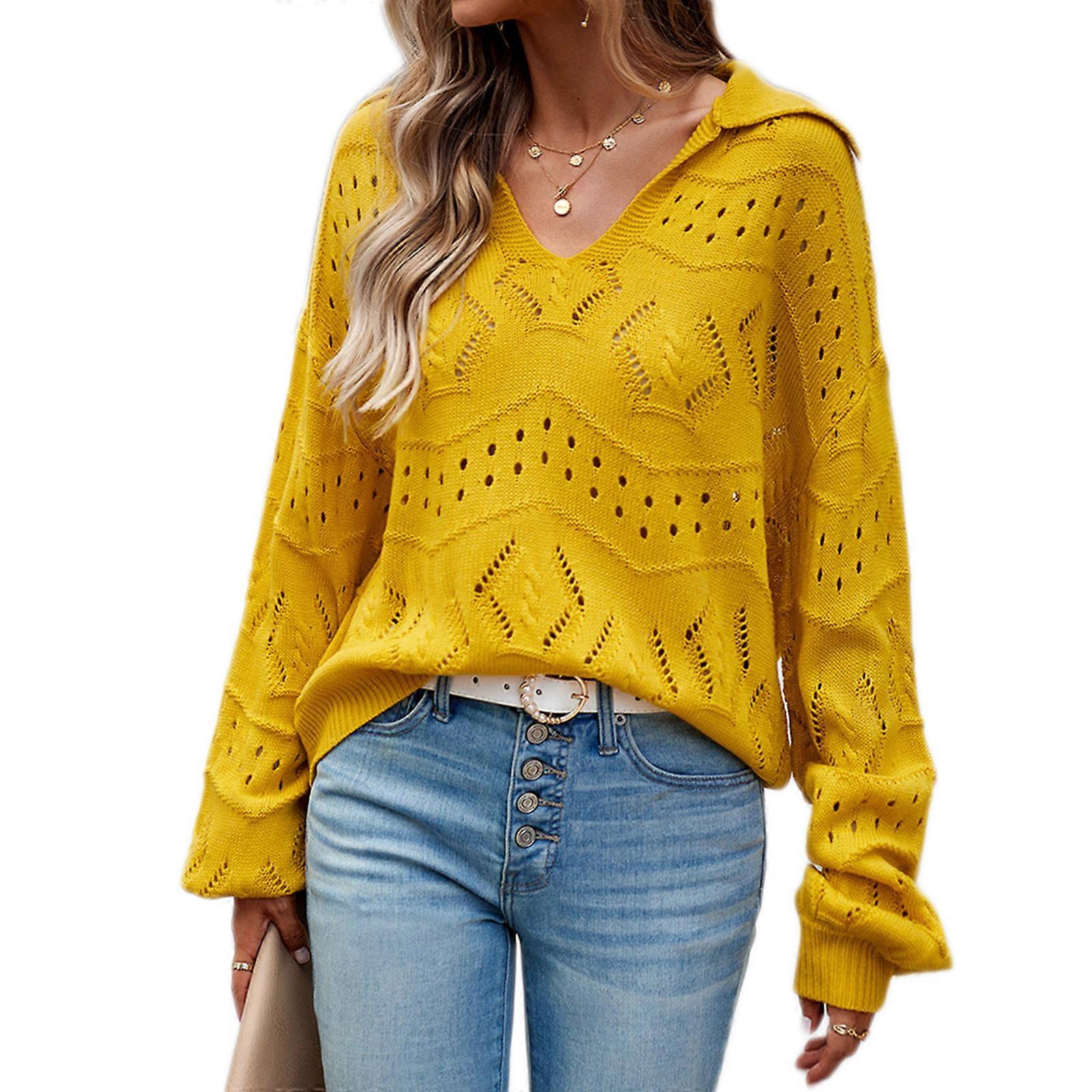 Womens Winter Fall Solid V-Neck Lapel Balloon Long Sleeve Sweaters Pullover Outerwear Solid Color Knitted Tops  Yellow XL