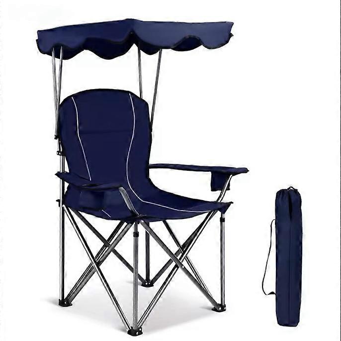 Folding beach chair, shaded, comfortable large size garden chair, sunscreen, 2 cup holder (blue)